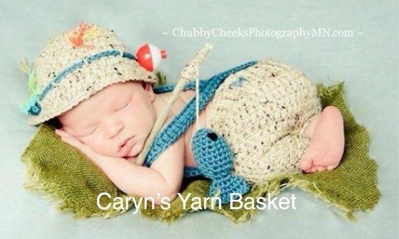 CROCHET PATTERN Newborn Baby Fishing/Fisherman Set - Fishing Hat, Shorts  w/Suspenders, Boots & Fish Photography Prop