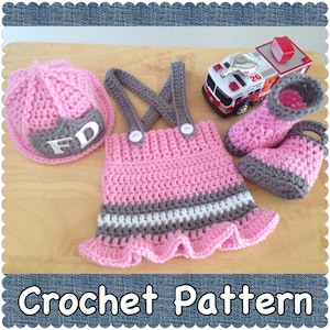 CROCHET PATTERN Newborn Baby Girl Fireman Firefighter Hat, Skirt & Boots, Photography Prop, Baby Shower Gift, First Photos