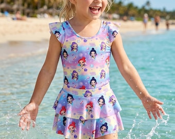 Kpop Girls Cartoon Print Swimsuit Swimwear with Skirted Bottom for Kids Beachwear