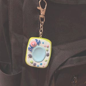 Può includere: Un portachiavi rettangolare con un modello in argilla di una cellula vegetale con bordo verde chiaro. L'interno è bianco con un grande cerchio azzurro al centro, un nucleo rosa e varie piccole forme blu, viola e rosa che rappresentano gli organelli.