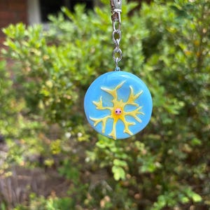 Puede incluir: Un llavero circular con fondo azul claro y un diseño en relieve de color amarillo con forma de célula nerviosa ramificada en el centro. Un pequeño punto circular rosa se sitúa en medio de la estructura amarilla. Incluye un cierre de metal plateado.