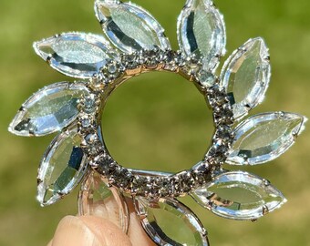 Vintage Two Tone Wreath Brooch Unfoiled Open Back Marquise Crystal Smoky Pin 2"