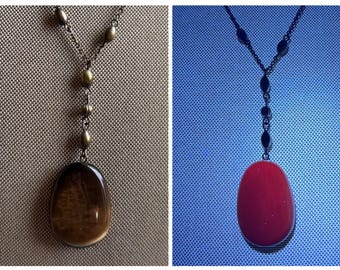 Vintage Bronze Cat's Eye Y-Necklace, UV Reactive Pink Glow Pendant, Boho Jewelry