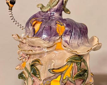 Heather Goldminc Blue Sky Flower House Luminary, Whimsical Garden Decor Bee Candle Holder