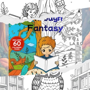 Puede incluir: Ilustración en blanco y negro de un libro para colorear titulado "Fantasy" con un niño leyendo. La portada incluye el texto "Includes 60 Coloring Pages". Un búho se sienta encima de una pila de libros, y un árbol con linternas está en el fondo.