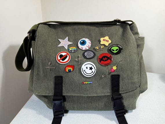 Canvas Messenger Bag, Customizable Pin, Y2K Crossbody, Ovile Green
