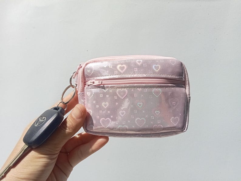 Porte-clés portefeuille coeur holographique, sac à fermeture éclair, porte-monnaie, pochette porte-cartes image 10