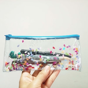 Tiny Fish liquid Pencil case, Glitter clear bag, Cosmetic bag, Pencil-bag, Transparent, school