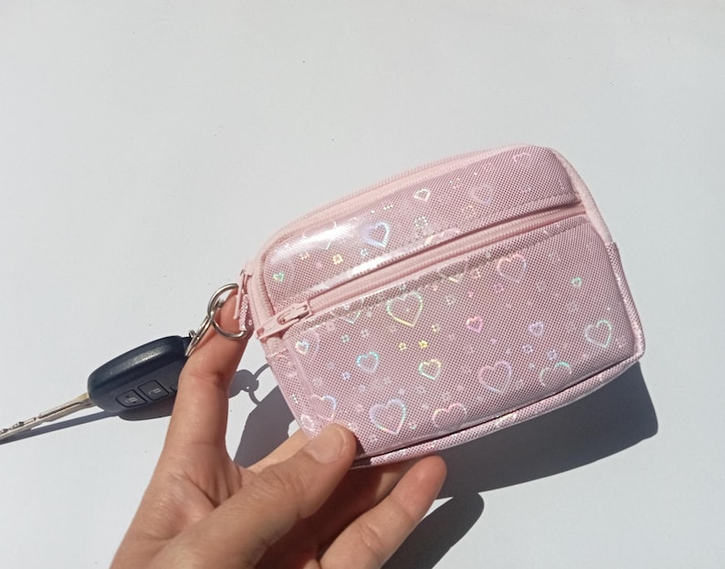 Porte-clés portefeuille coeur holographique, sac à fermeture éclair, porte-monnaie, pochette porte-cartes image 4