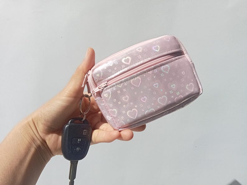 Porte-clés portefeuille coeur holographique, sac à fermeture éclair, porte-monnaie, pochette porte-cartes image 11