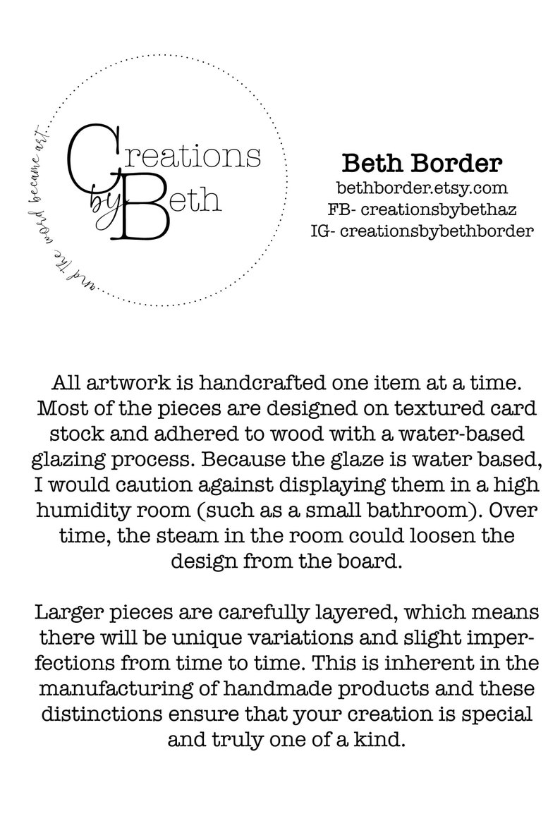 Pu&ograve; includere: Un logo in bianco e nero per Creations by Beth, un'azienda di arte artigianale. Il logo &egrave; un cerchio con il testo "Creations by Beth" all'interno. Il testo "Beth Border" &egrave; sotto il logo, insieme al sito web, Facebook e Instagram dell'azienda.