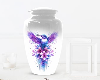 Purple Hummingbird Urn For Ashes - Personalized Cremation Urn With Humming Bird