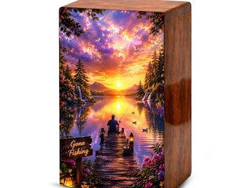 Gone Fishing Cremation Urn For Dad – Mini Keepsake Wooden Urns Box For Men