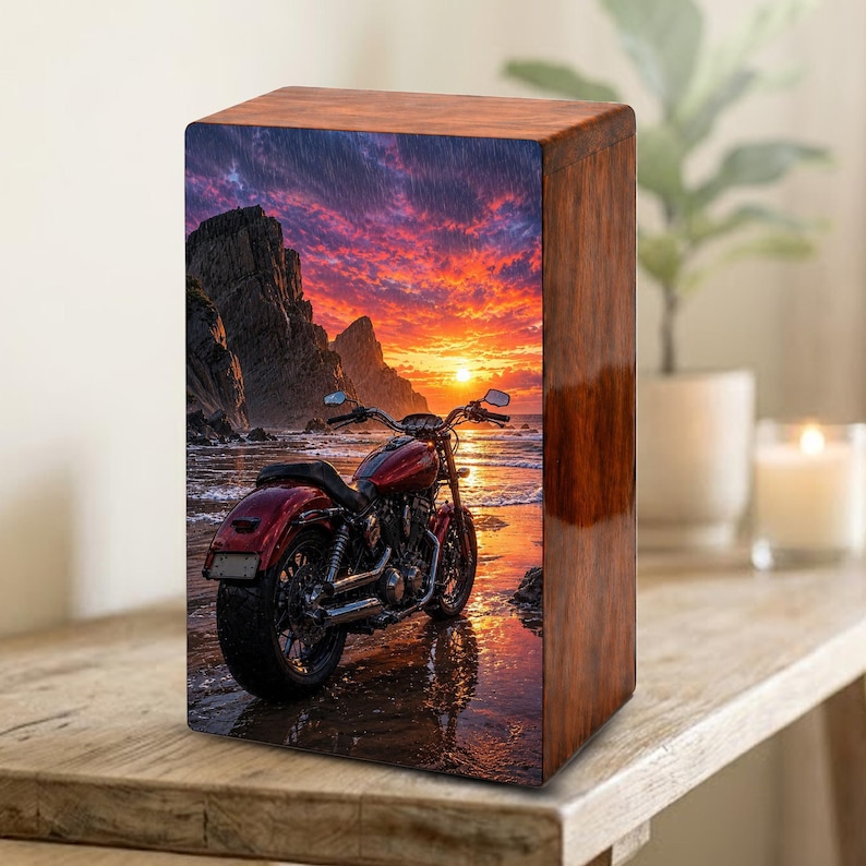 motorcycle sunset beach custom urns