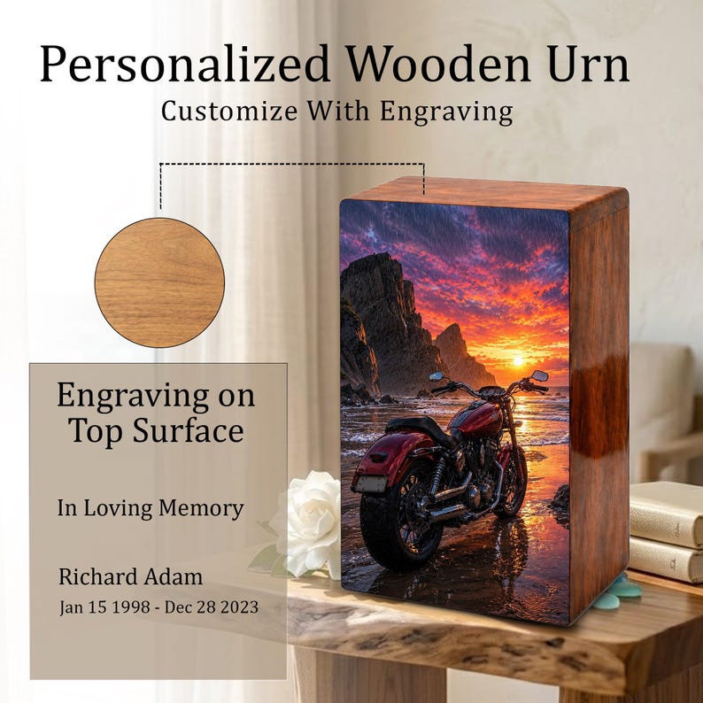 motorcycle sunset beach men urn