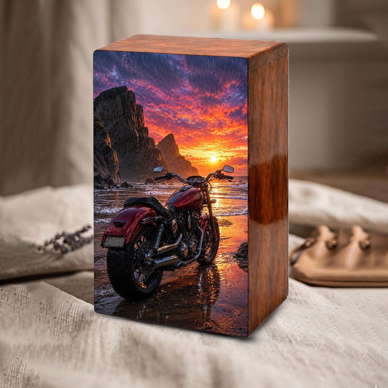 motorcycle sunset beach personalized urns for human ashes