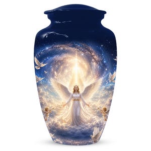 May include: A dark blue cremation urn featuring a printed scene of a winged figure in a white gown standing on clouds. The image includes a bright celestial light, a staircase, flying white doves, and two small cherubs playing golden trumpets.