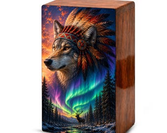 Native Wolf Cremation Urn Box For Dad - Tribal Inspired Urns For Adult Male Ashes