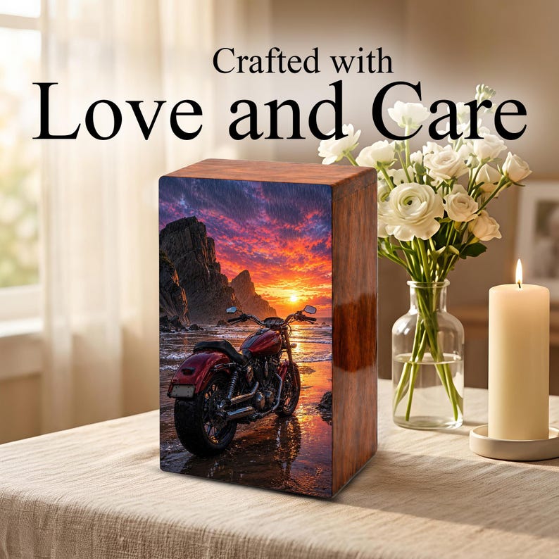 motorcycle sunset beach personal urn