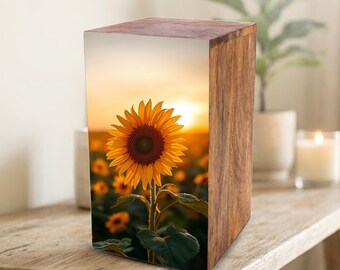 Urna funeraria de girasol para cenizas - Caja de madera conmemorativa con forma de girasol para funerales