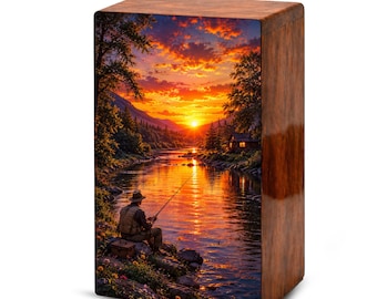 Sunset Fishing Wooden Urn For Men Ashes - Fisherman Urns Box For Dad