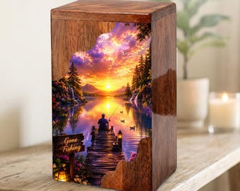 Gone Fishing Memorial Urn For Ashes - Custom Hunting and Fishing Unique Wooden Urns