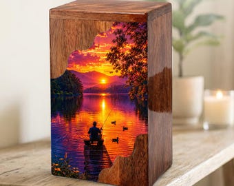 Sunset Fishing Memorial Urn For Ashes - Hunting and Fishing Unique Wooden Urns