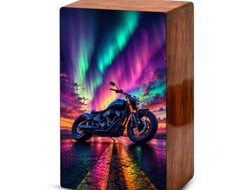 Motorcycle Biker Urn For Ashes Male - Northern Lights Inspired Rider Cremation Urns