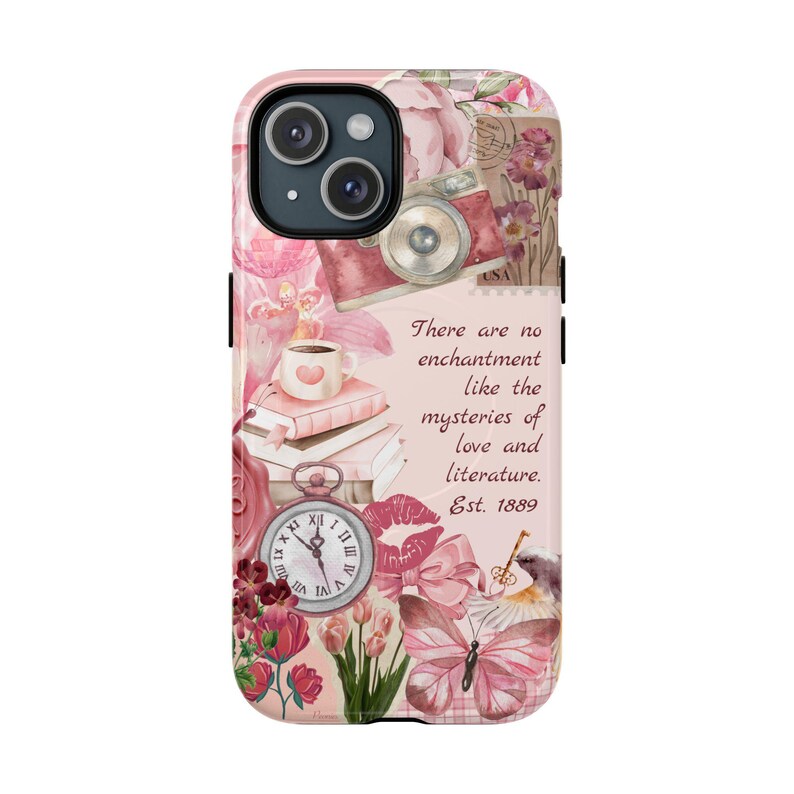 Funda para móvil con temática literaria para amantes de las novelas románticas / Bonita funda rosa con collage académico / Regalo con cita literaria y estética BookTok / Funda resistente para ratón de biblioteca con cierre magnético imagen 4