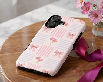 Cute Phone Case Coquette | Vintage Patchwork Quilt Cover | Pink Bow Ribbon Floral Grid Stripe Grandmillennial Shabby Chic Tough Magnetic