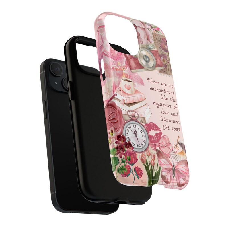 Funda para móvil con temática literaria para amantes de las novelas románticas / Bonita funda rosa con collage académico / Regalo con cita literaria y estética BookTok / Funda resistente para ratón de biblioteca con cierre magnético imagen 10
