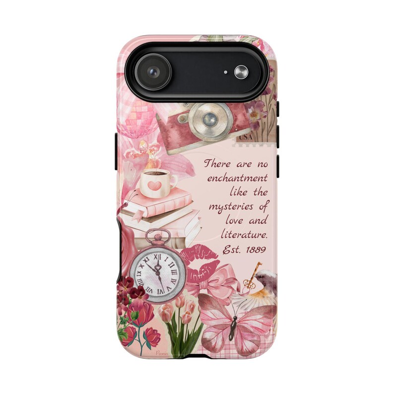 Funda para móvil con temática literaria para amantes de las novelas románticas / Bonita funda rosa con collage académico / Regalo con cita literaria y estética BookTok / Funda resistente para ratón de biblioteca con cierre magnético imagen 7