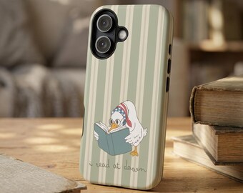 Bookish Cartoon Silly Goose Phone Case, Striped iPhone 17 16 15 14 13 Pro Max Cover, Cozy Morning BookTok Aesthetic, Book Lover Gift
