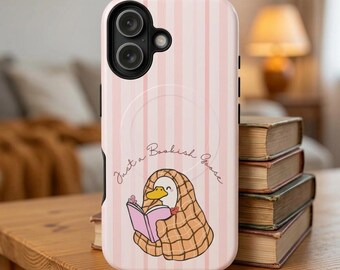 Just a Bookish Goose Phone Case, Cozy Reading Blanket iPhone 15 14 13 Pro Max Cover, Pink Striped BookTok Aesthetic, Gift for Book Lovers