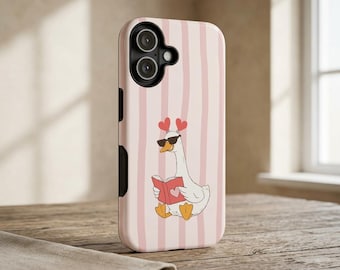 Cute Bookish Goose Phone Case, Pink Coquette Striped iPhoneCover, BookTok Aesthe tic Book Lover Gift, Funny Goose Case, Tough Magnetic Case