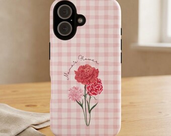 Mama's Birth Flower Phone Case | Pink Gingham Cottagecore Floral (Tough Magsafe)