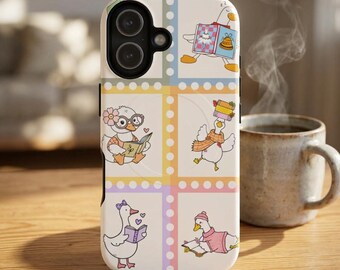 Bookish Phone Case Reading Goose | Pastel Stamp Grid Cover | Cozy Book Club Gift Bookworm Reading Slump Cure Tough Sleeve