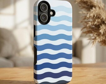 Fathers Day Gift Phone Case Blue Coastal Wave iPhone, Ocean Stripe Cover Trendy Gift for Dad Men