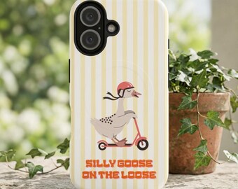 One Silly Goose on the Loose Phone Case | Funny Retro Stripe Animal Cover | College Student Gift Commuter Humor Quirky Scooter Tough Sleeve