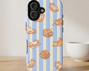 Cat Owner Phone Case Orange | Funny Lazy Kitten Cover | Cozy Desk Setup Decor Gift Chonky Tabby Box Pattern Tough Magnetic Magsafe Sleeve