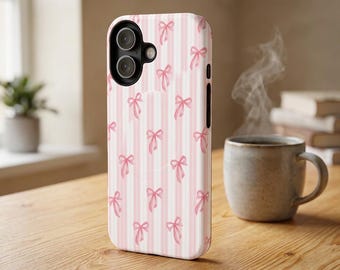 Pink Coquette Bow Phone Case | Pastel Ribbon Cover | Girly Balletcore Gift Soft Stripe Tough Magnetic Magsafe Sleeve