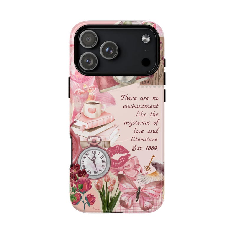 Funda para móvil con temática literaria para amantes de las novelas románticas / Bonita funda rosa con collage académico / Regalo con cita literaria y estética BookTok / Funda resistente para ratón de biblioteca con cierre magnético imagen 8
