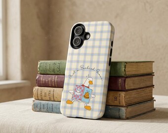 One Silly Goose Bookish Phone Case | checked plaid pattern, cute duck illustration | Graduation Gift