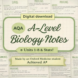 Peut inclure: Téléchargement numérique de notes de biologie de niveau A, couvrant les unités 1 à 8 et les statistiques. Les notes sont rédigées par un étudiant en médecine d'Oxford ayant obtenu un A*. L'image présente des notes manuscrites avec des schémas et du texte.