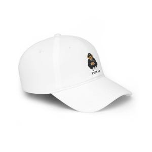 May include: White baseball cap featuring a seated bear wearing a suit and hat. The word "POLO" is printed below the bear graphic. The cap has a curved brim and a button on top.