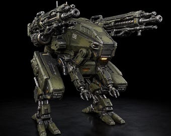 May include: A military-style olive green bipedal combat robot featuring two large multi-barreled cannons mounted on its shoulders. The armored chassis displays the number 08 on the side, with articulated mechanical legs and clawed feet.