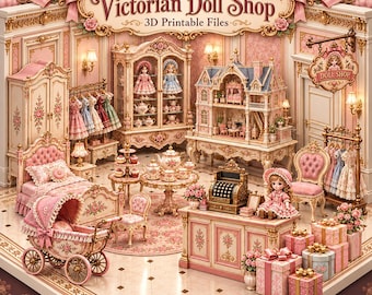 Victorian Doll Shop STL Bundle, Vintage Doll Store Furniture 3D Models, Doll Display Cabinet & Accessories, Dollhouse Miniature Set