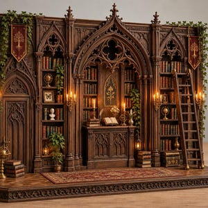 Peut inclure: Un diorama miniature de bibliothèque gothique détaillé avec des étagères en bois sombre, des rangées de minuscules livres, une armoire centrale, une échelle mobile et des appliques murales. La structure est ornée de lierre, de deux bannières rouges avec des emblèmes d'arbres dorés et d'un tapis à motifs.