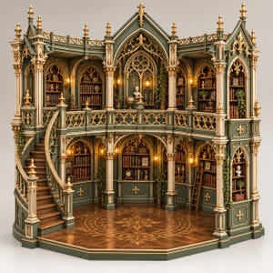 Könnte beinhalten: Eine zweistöckige Miniatur-Bibliotheksstruktur mit salbeigrünen Wänden und Goldverzierungen, gewölbten Bücherregalen voller winziger Bücher, einer geschwungenen Holztreppe und einem detaillierten Parkettboden mit gotischen Architekturelementen.