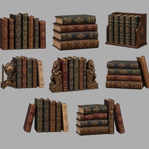 Peut inclure: Une collection d'ensembles de livres décoratifs composés de volumes de style ancien avec des dos et des couvertures ornés de dorures. Les ensembles présentent diverses dispositions, certaines avec des serre-livres en forme de globe ou de lion.